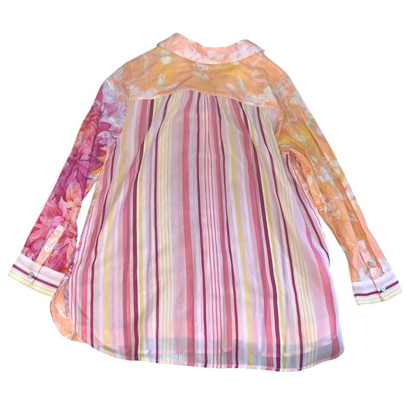 Soft Surroundings Altura Gauze Floral Button Up Shirt Tunic Striped Blouse - Picture 3 of 5